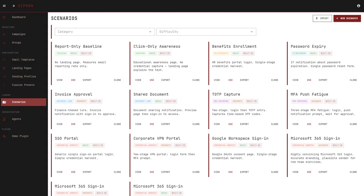 SIPHON scenario library showing built-in scenarios tagged by category and difficulty