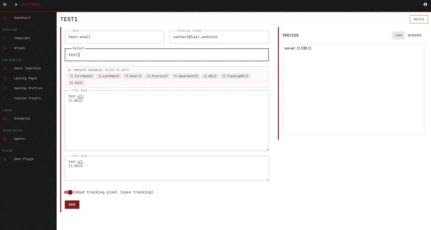 SIPHON email template editor with merge variables and a live preview pane