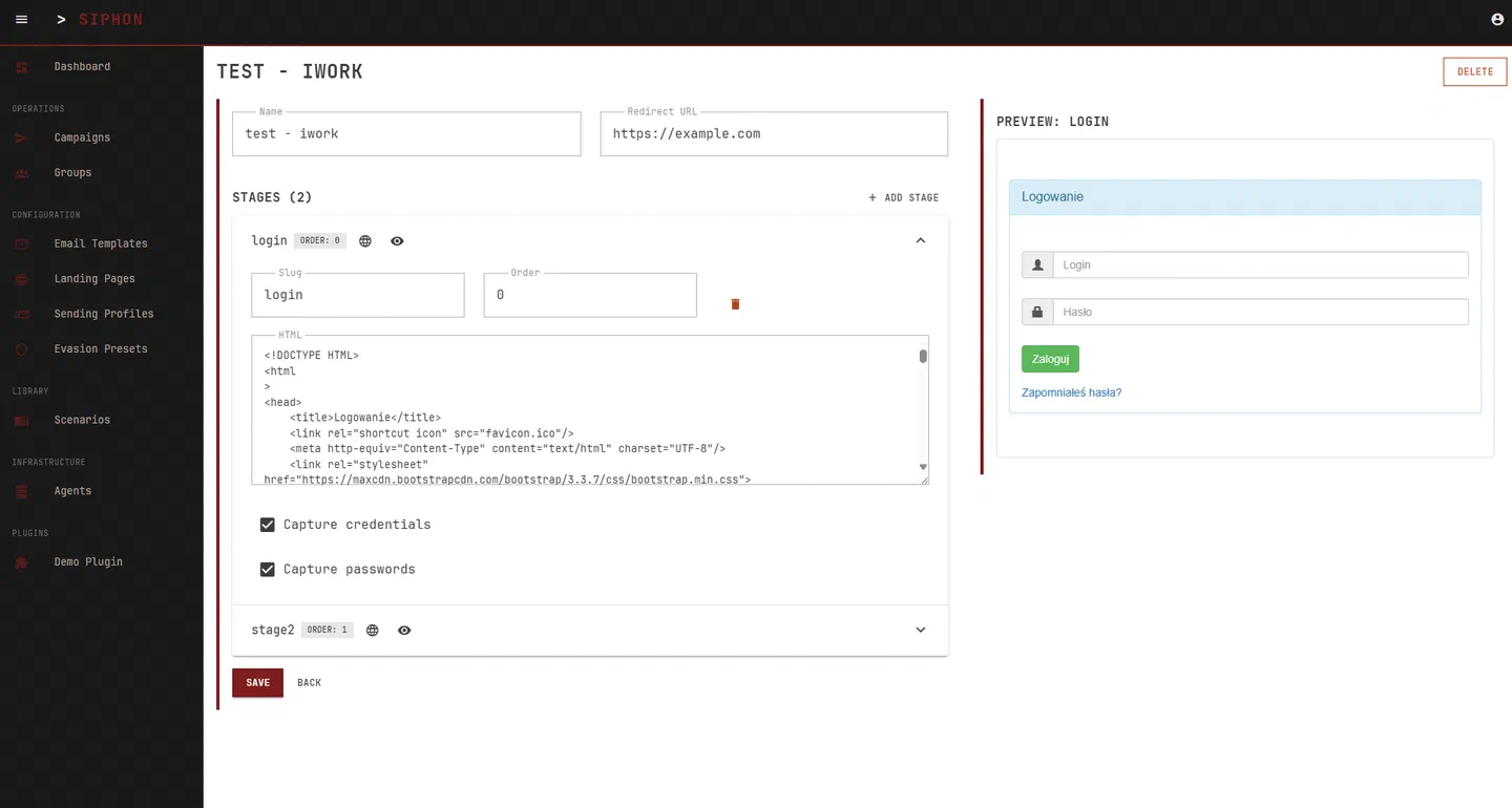 SIPHON landing page editor with ordered stages, capture settings, and live preview