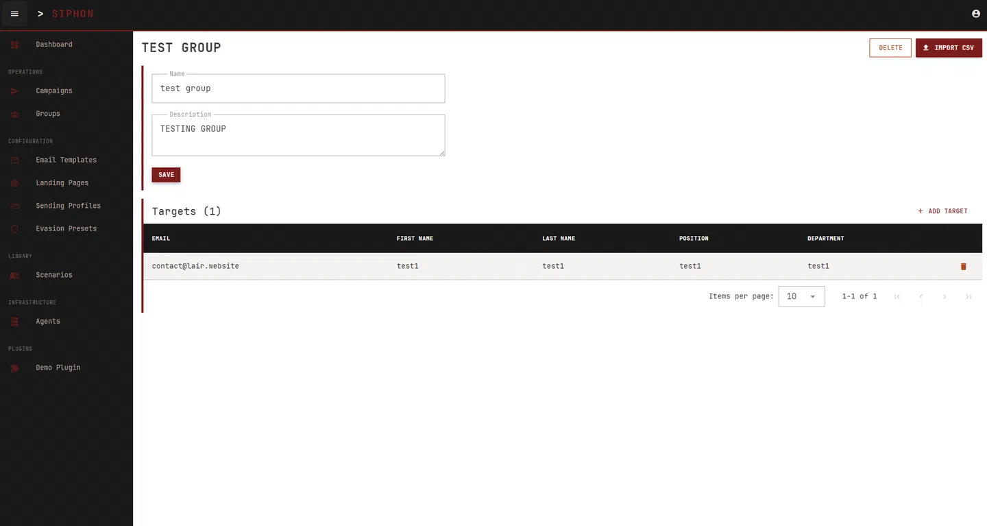 SIPHON target group listing with imported recipients and attributes
