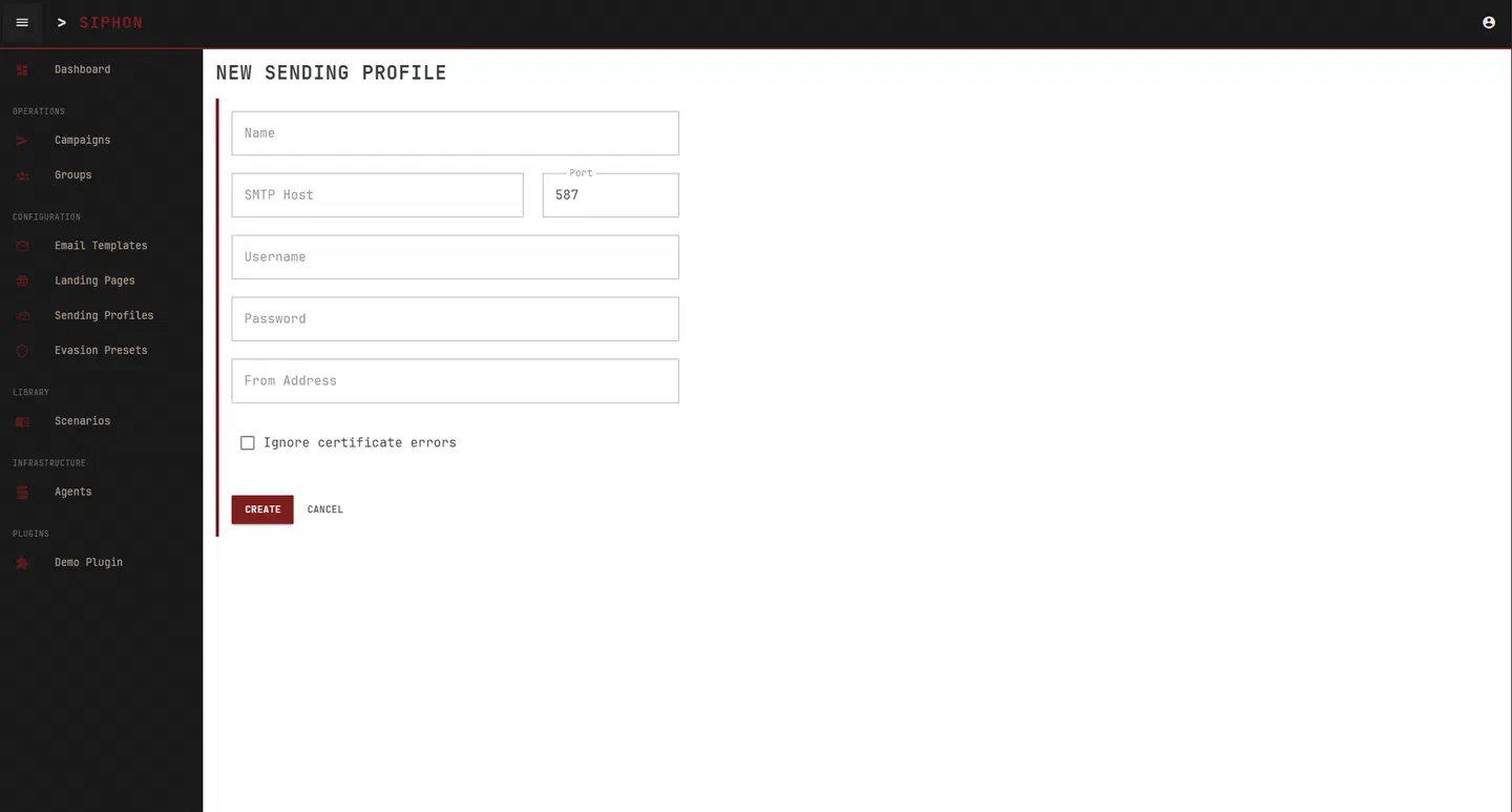 SIPHON sending profile configuration with SMTP host, credentials, and headers