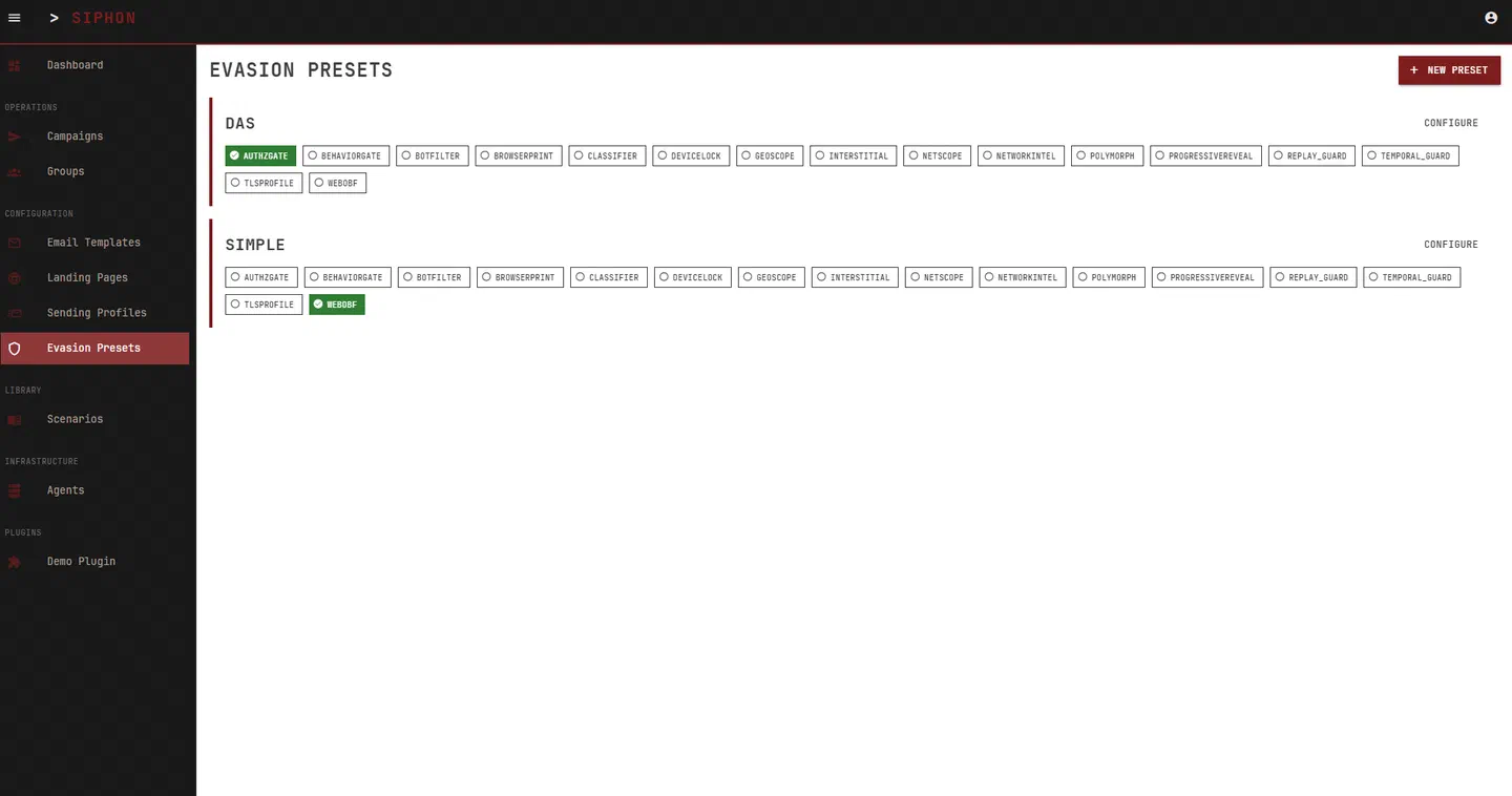 SIPHON preset editor showing the available traffic qualification modules