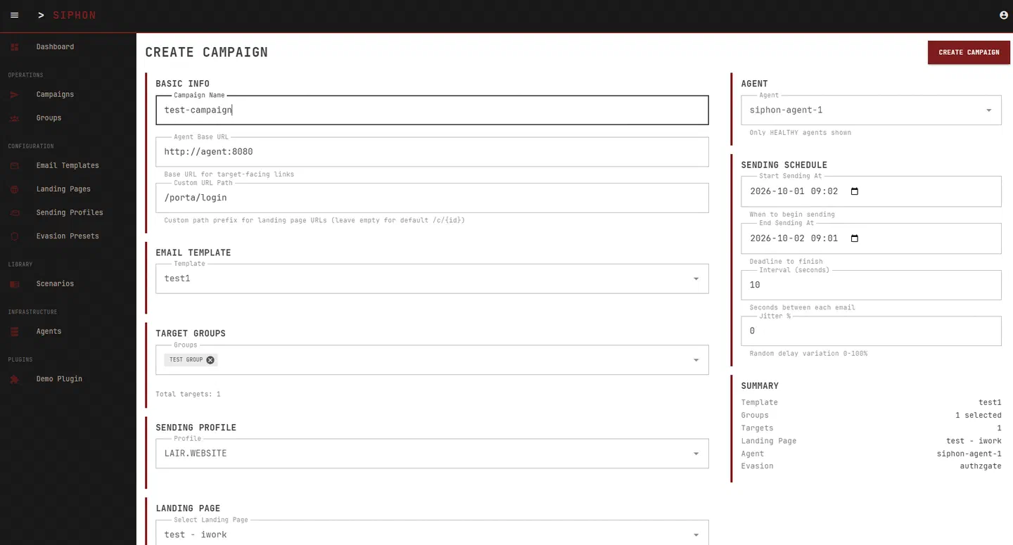 SIPHON campaign creation form with agent, schedule, groups, and a live summary