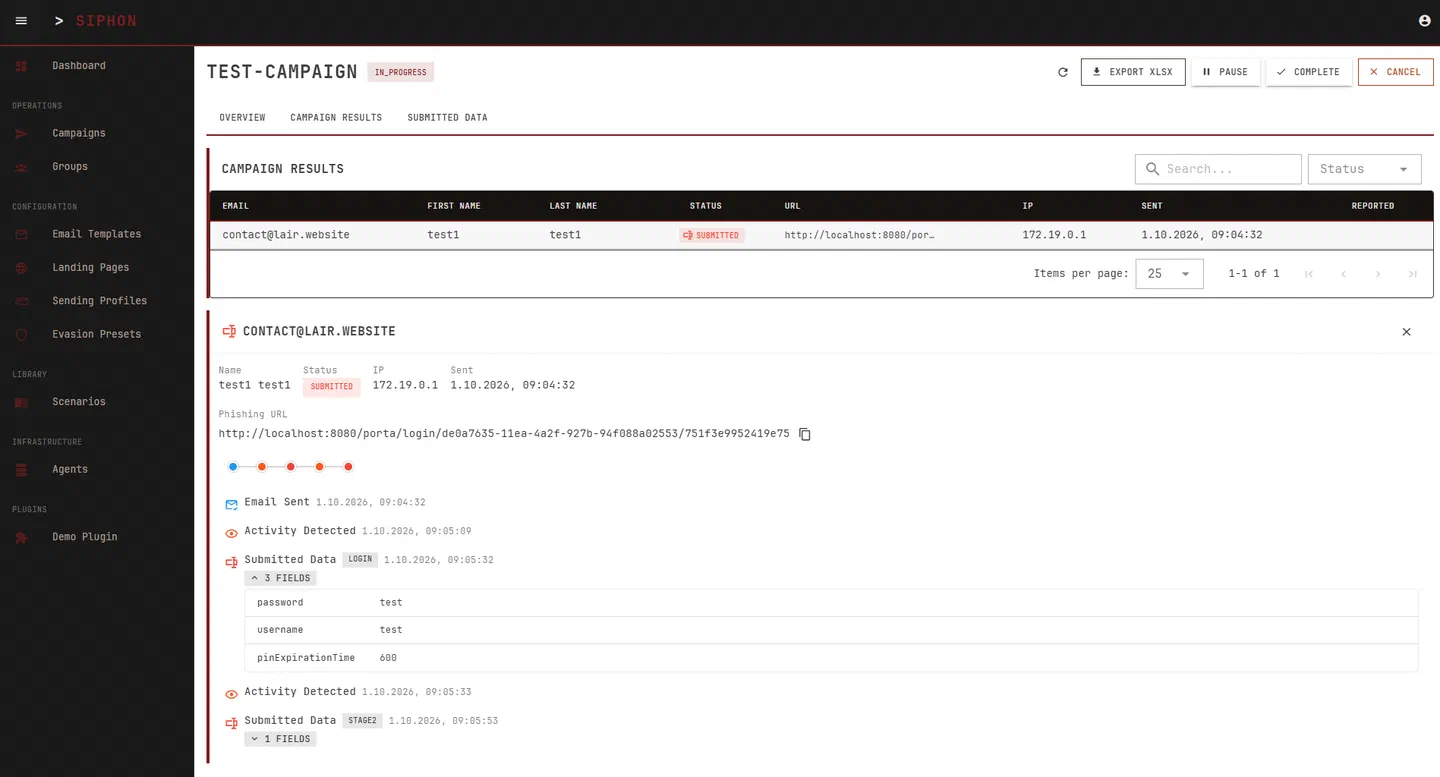 SIPHON result detail showing one target's ordered event timeline and captured fields